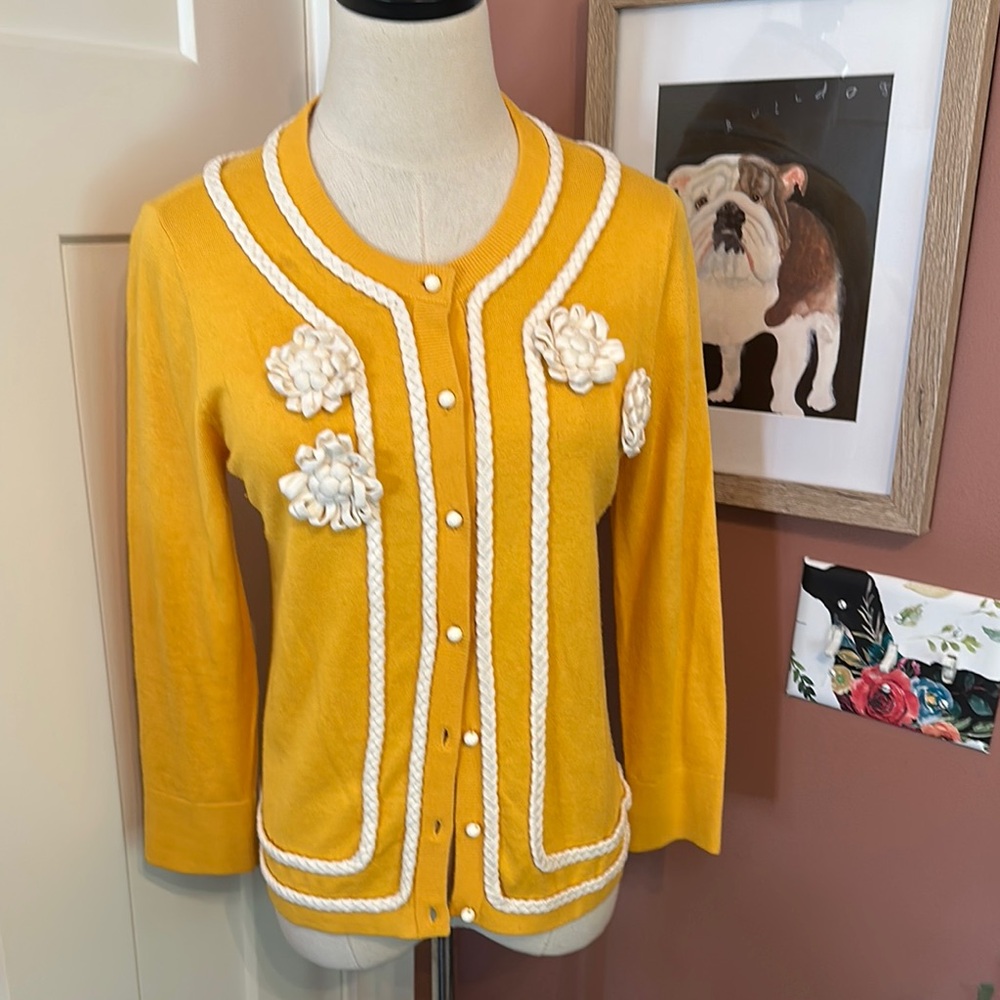 Kate Spade live colorfully yellow cream flower appliqué S cotton blend cardigan